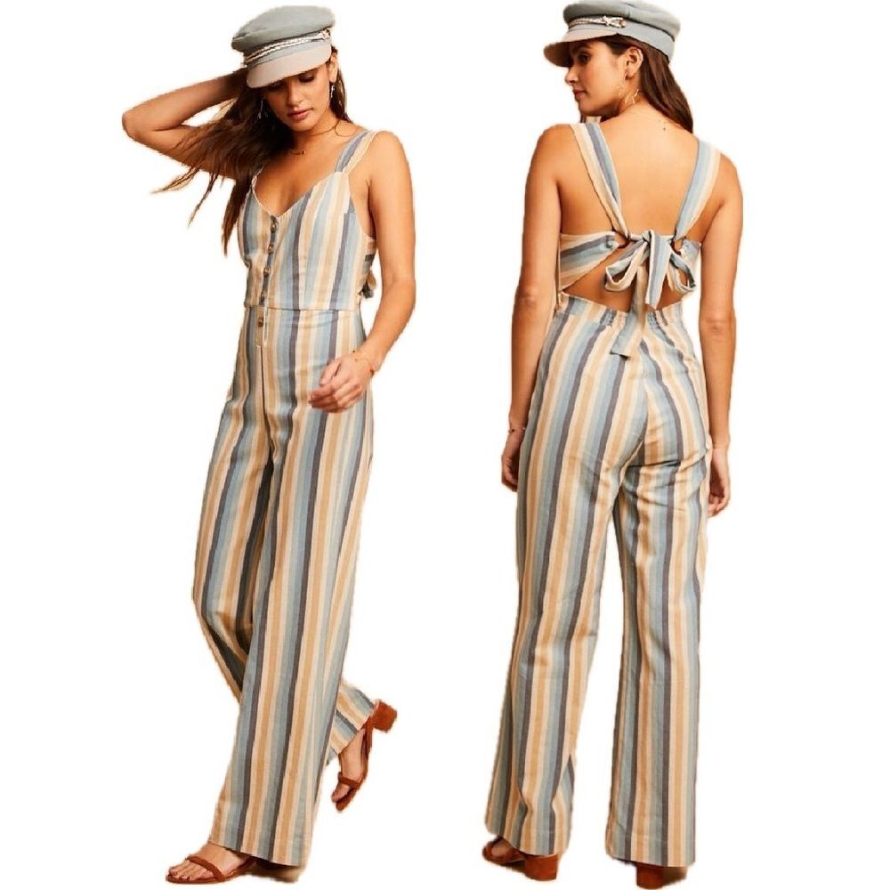 Knot Sisters Cotton/Linen Lana Jumpsuit in Natural Blue Striped Size Medium